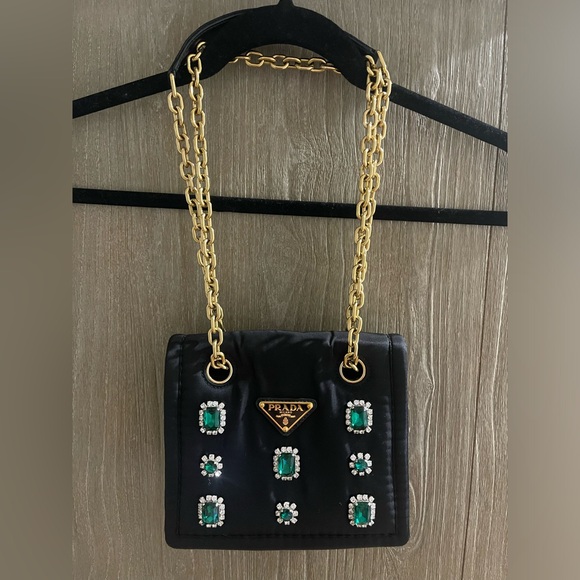 Prada Tessuto Nylon Black Flap Handbag w Emerald and Clear Crystals - Picture 1 of 12
